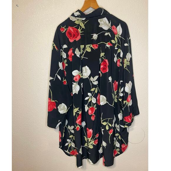 VTG MC Black Rose Print Button Up Long Sleeve Blouse or Shirt Dress Boho XL - Picture 2 of 11